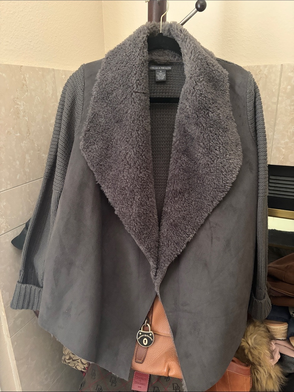 Chelsea & Theodore Charcoal Faux-Shearling Open Front Jacket